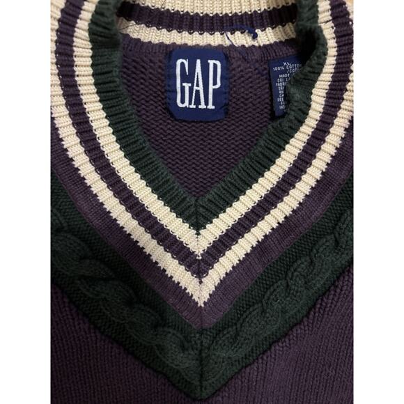 Vtg GAP V Neck Cable Knit Sweater Pullover Tennis Style Purple-Green-White XL - Picture 2 of 7